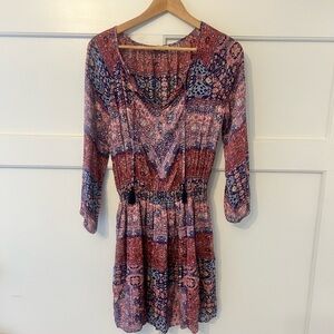 Lucky Brand Multi-Print V-Neck Mini Dress in Pink and Red Tones